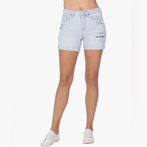 Judy Blue Wild Aztec Patches Cuffed Denim Shorts - Picture 3 of 8